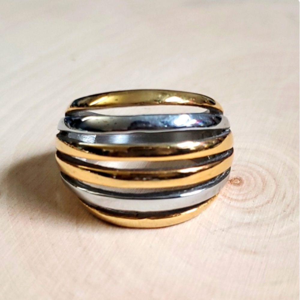 Bold Gold & Silver Statement Ring – Multi-Band Dome Design